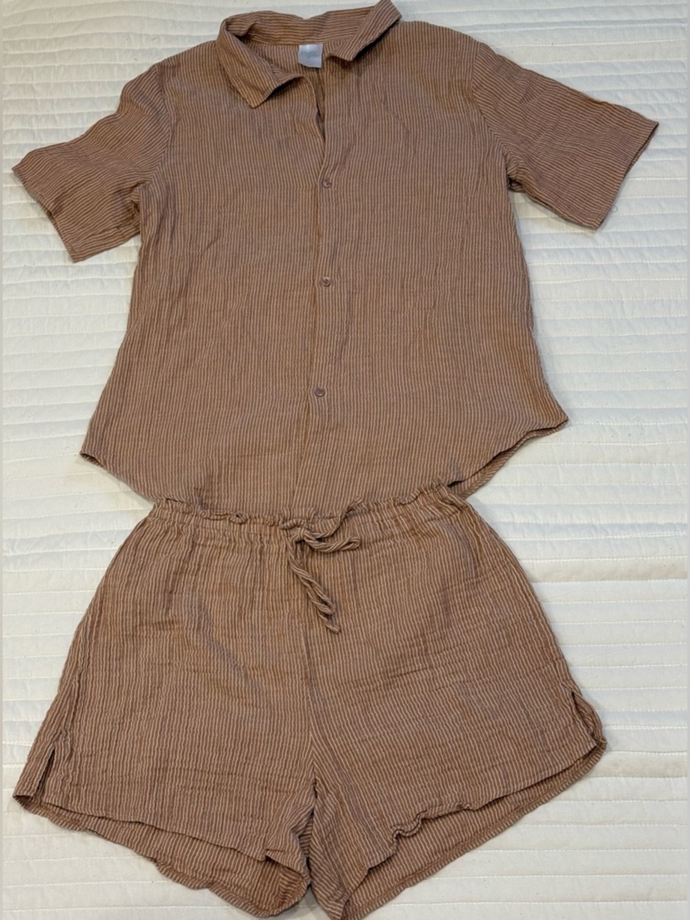 Kona Sol Cover Up Shirt & Short Set Gauze Brown White Striped Women's Small - Picture 2 of 13